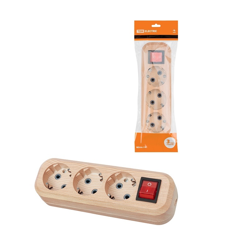 Колодка 3 гнезда, с/з и выключателем, 16А, светлое дерево