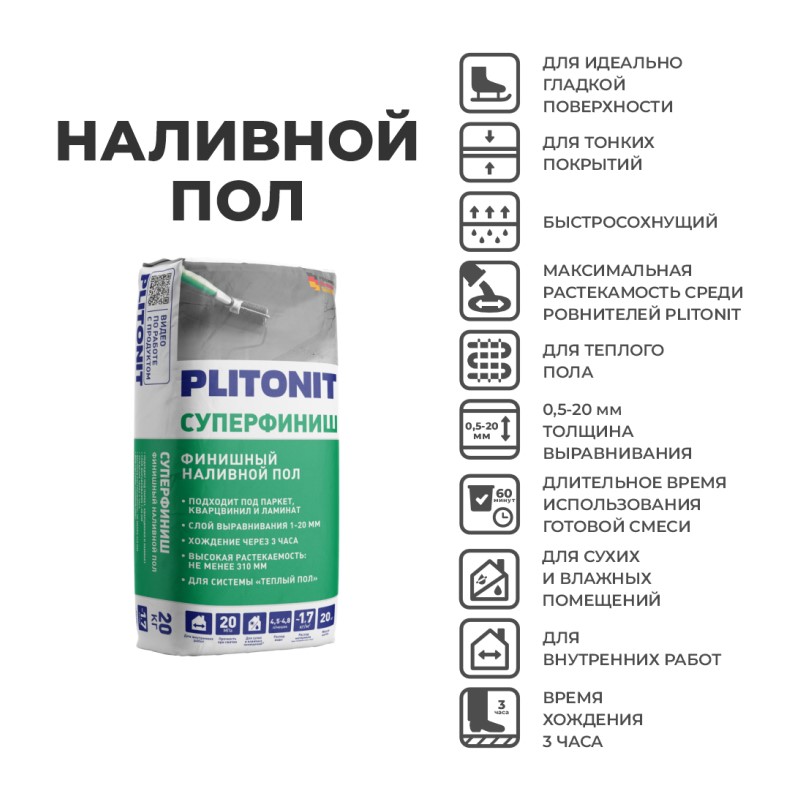 Наливной пол Plitonit СуперФиниш быстротвердеющий самовыравнивающийся, 20 кг