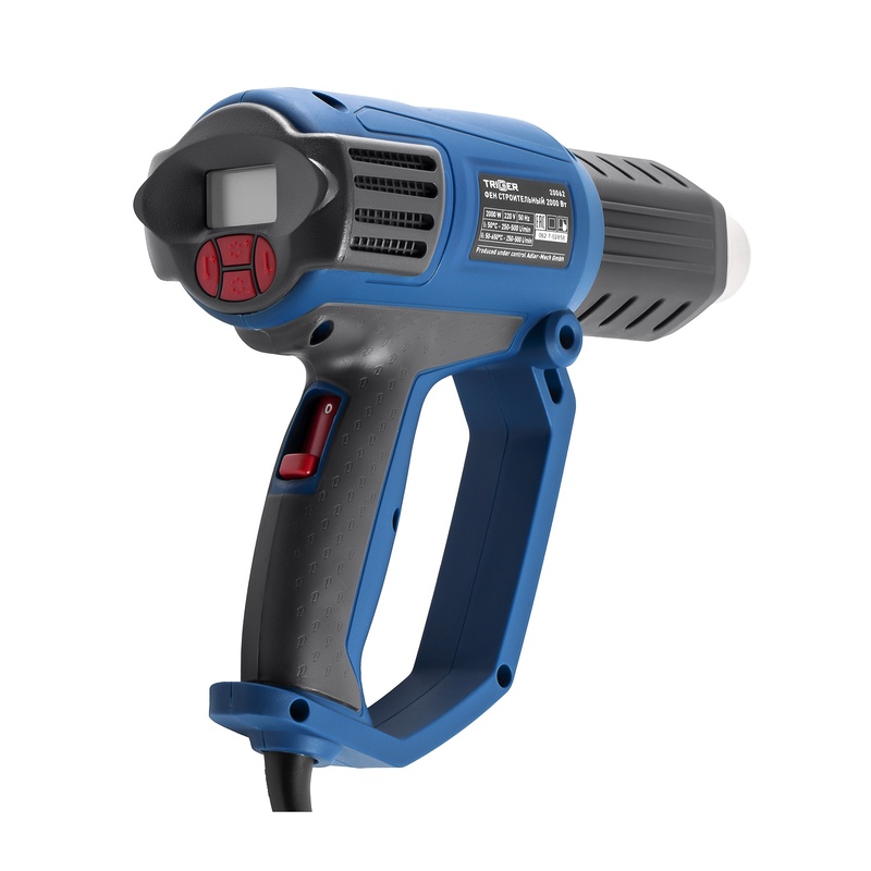 Фен строительный сетевой Trigger 20062, 2 кВт 50-650°, ЖК дисплей 4 насадки, L кабеля=3 м, кейс