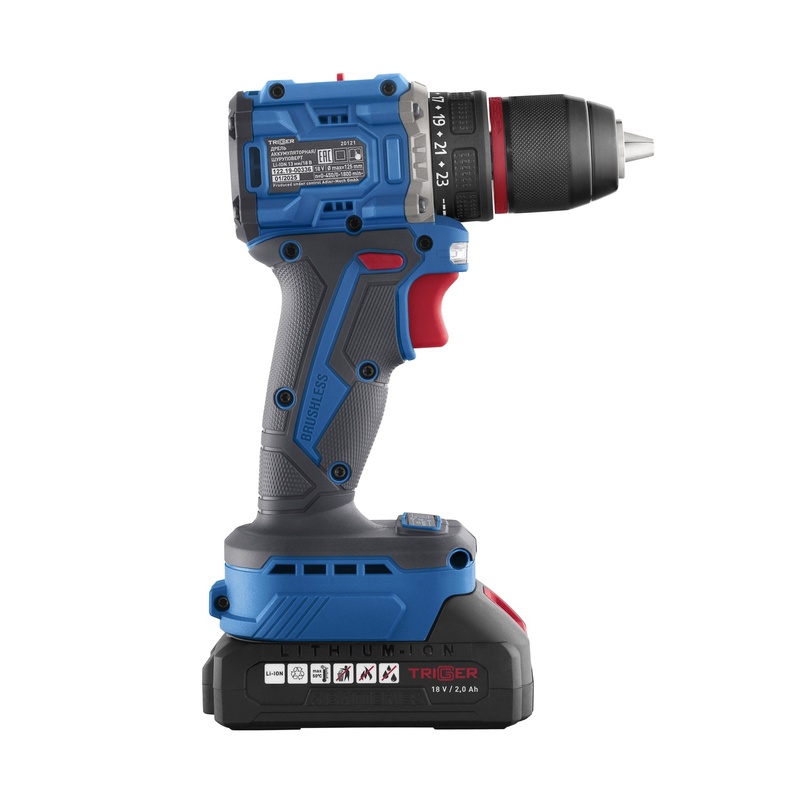 Дрель-шуруповерт Trigger 20121, бесщеточная, 2 аккумулятора Li-ion (2Ач), 18V, 13 мм, 58 Нм, кейс